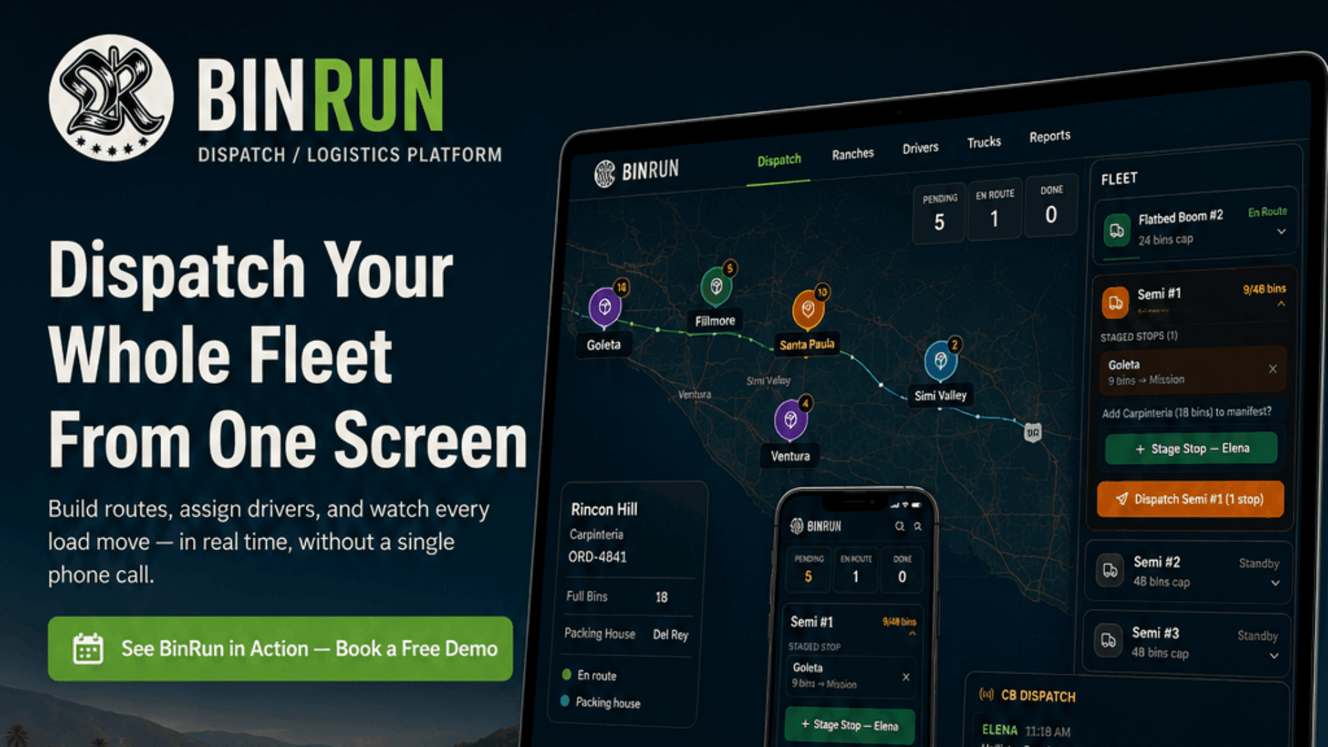 BinRun dispatch platform — route and fleet management